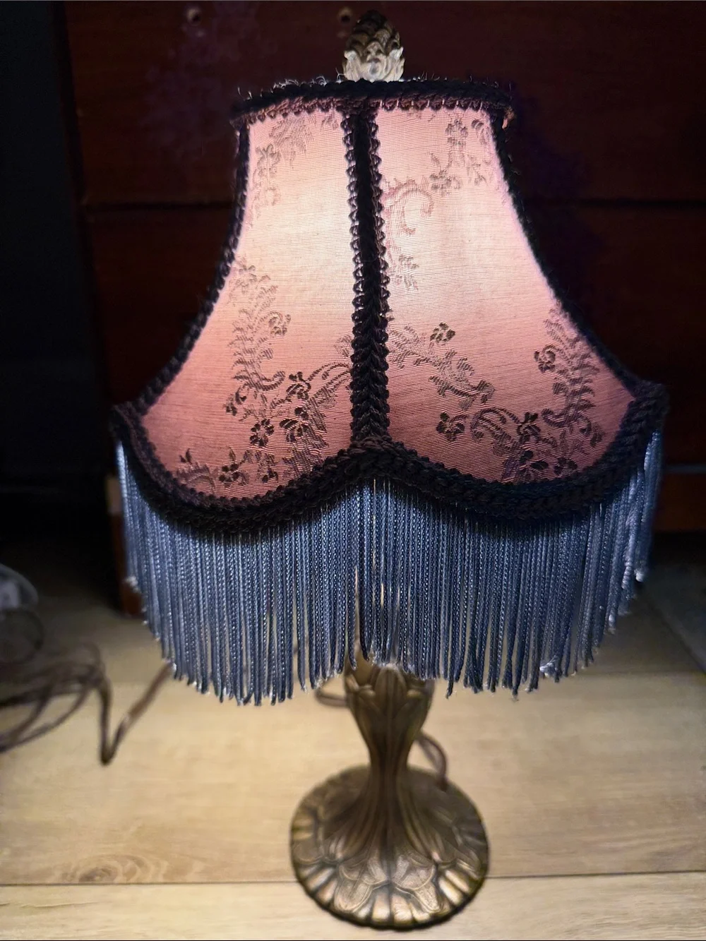 Vintage Victorian Fringe Table Lamp Pink Floral Shade Brass Base USA